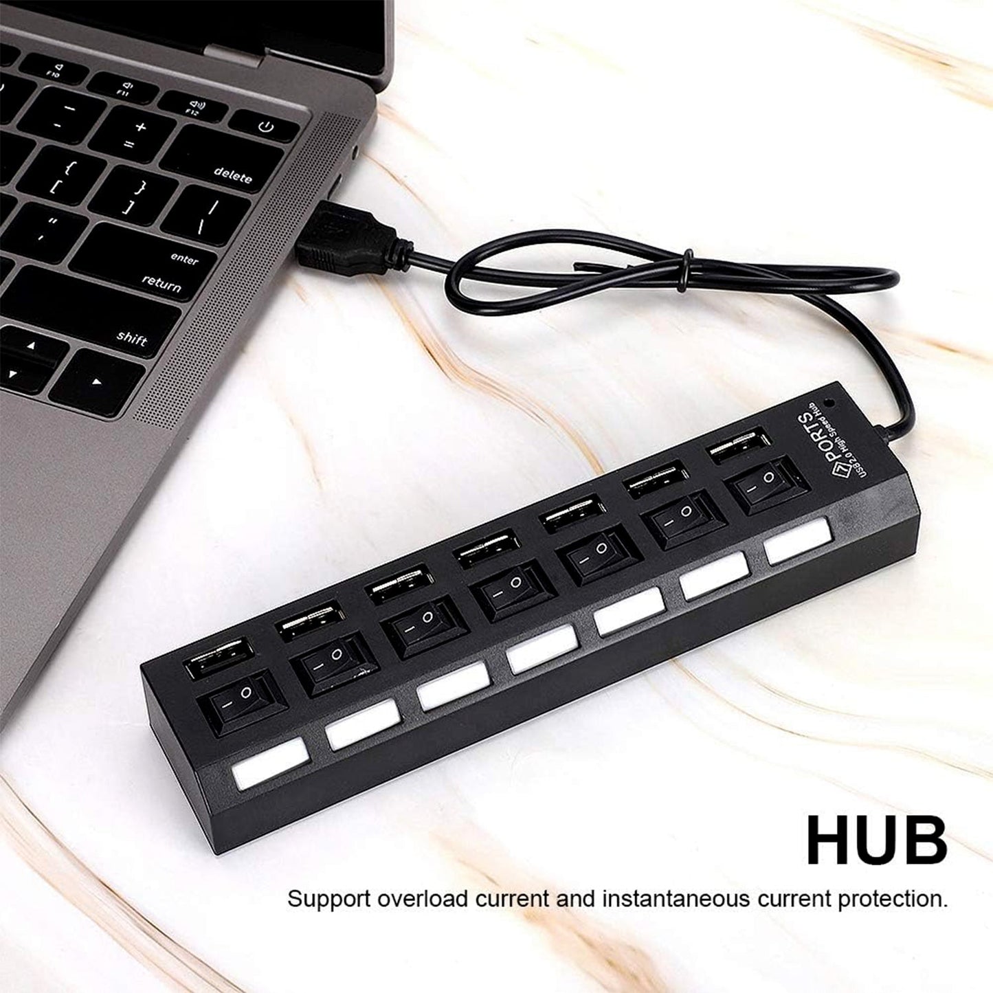 USB Splitter Multi Port USB 2.0 Hub, 7 Port with Independent On/Off Switch and LED Indicators USB A Port Data Hub, Suitable for PC Computer Keyboard Laptop Mobile HDD, Flash Drive  Etc
